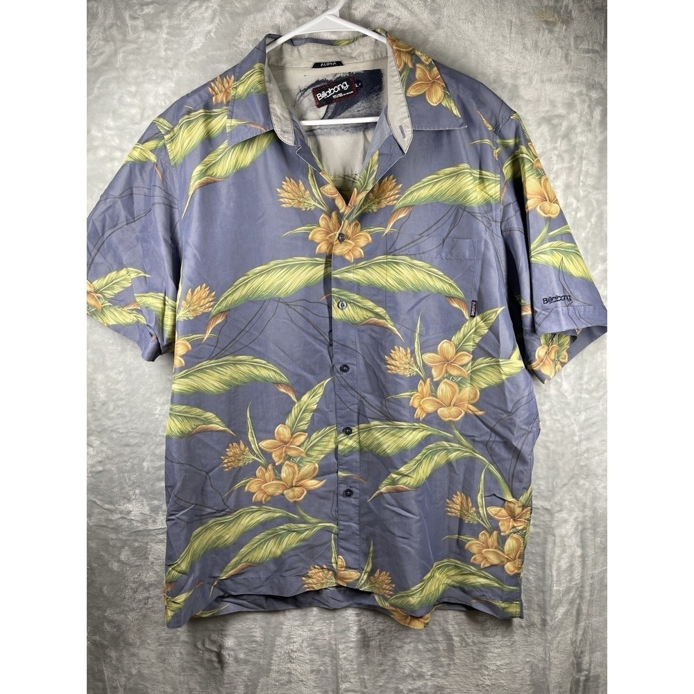 Billabong Shirt Men's Size Large L Button Up Hawaiian Beige Palm Floral Beach